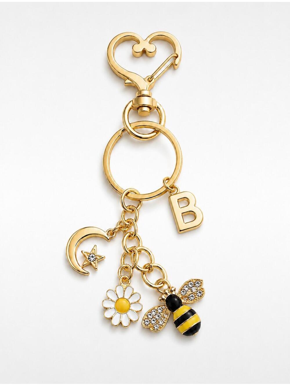 Personalized Gold Tone Letter B Charm Keychain with Bee and Flower Charms